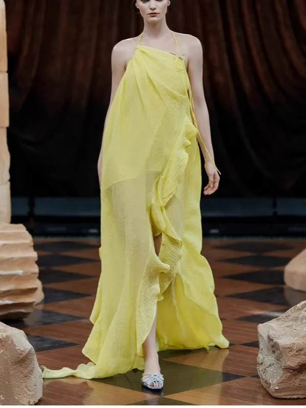 Diynav Fashion Show-Back Vintage Linen-Backed Lint-Slanted Shoulder-Hanging Neck Dress Dress Female Designer