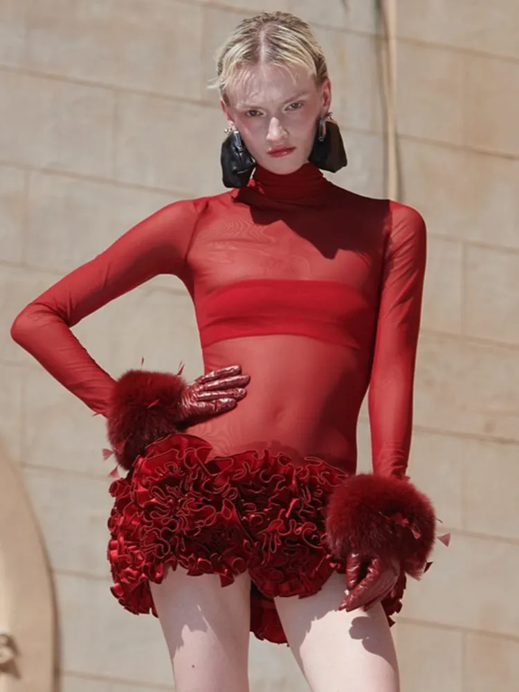 Diynav Sexy Mesh Perspective High-Necked Long-Sleeved Dress Dress Body High-End Temperament Floral Dress Dress Dress Woman