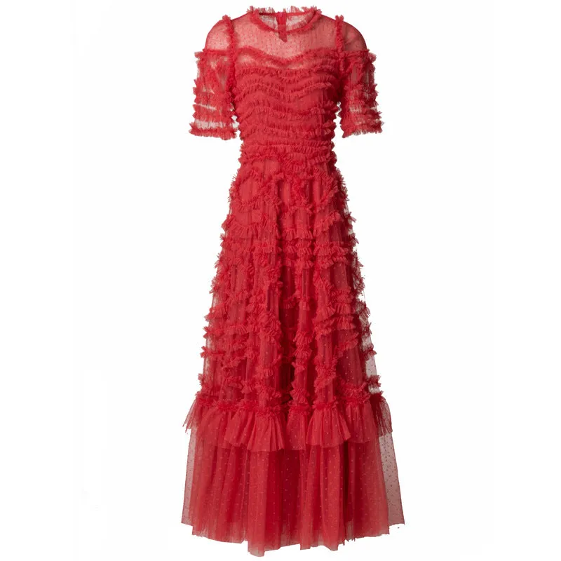 Diynav At The Same Time Round Collar Short-Sleeved Lotus Side Red Splicing Cake Dress Dress Women's Spring And Summer 2025