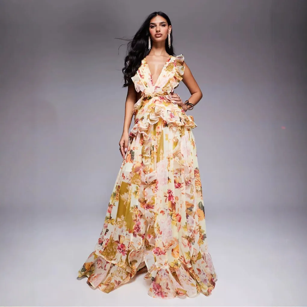 Diynav Women's New Stylish Elegant Fine Shoulder With Lotus Leaf Side V-Neck Print Dress