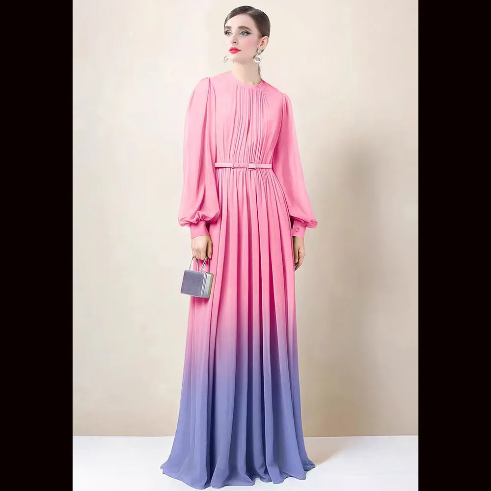 Diynav Gradient Dress Lantern Sleeve Yellow Dress Temperament Long-Sleeved Skirt Women's Long Spring And Autumn