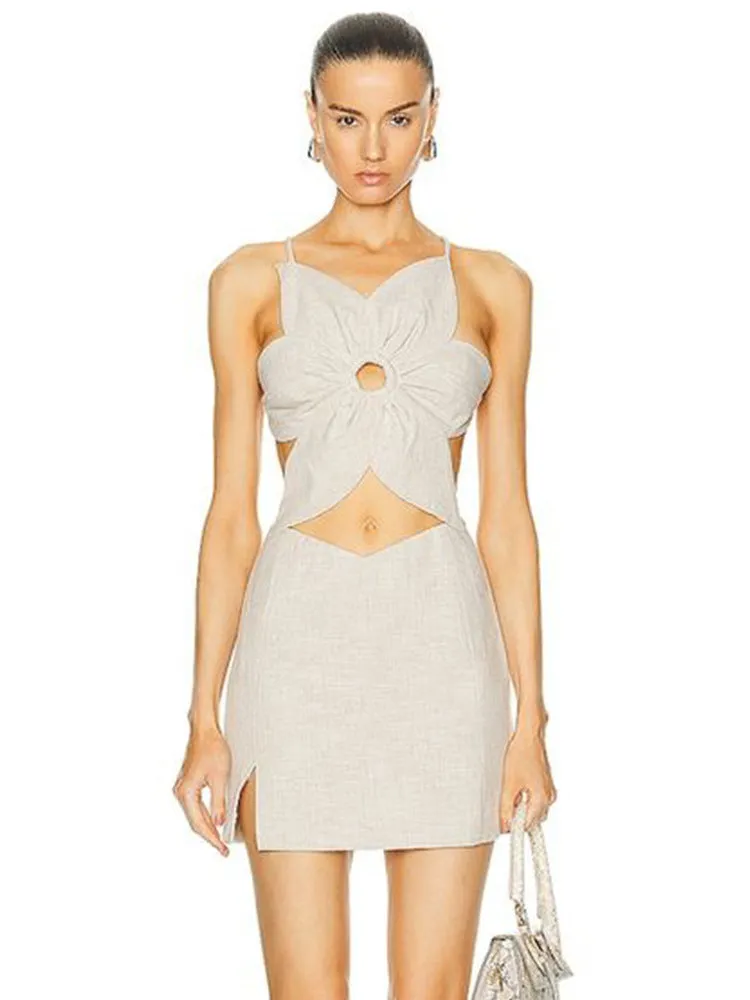 Diynav Women's New Three-Dimensional Flower Design Sexy Bare Umbilly Slings Dress Dress Dress