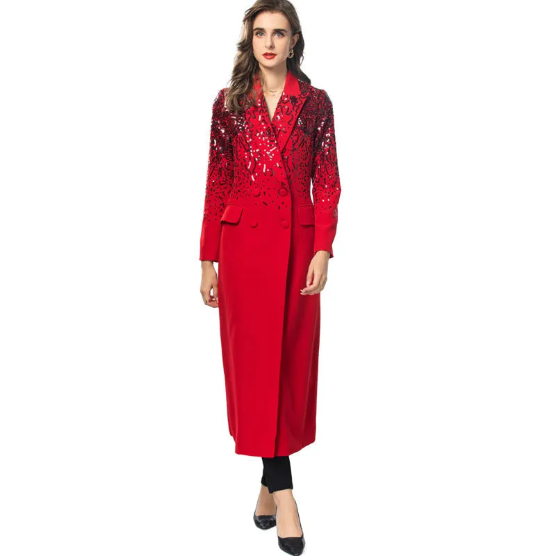 Diynav Wind Heavy Industry Glided Long Sleeves Double Buckle Red Long Wind Coat Women's New Autumn And Winter 2024