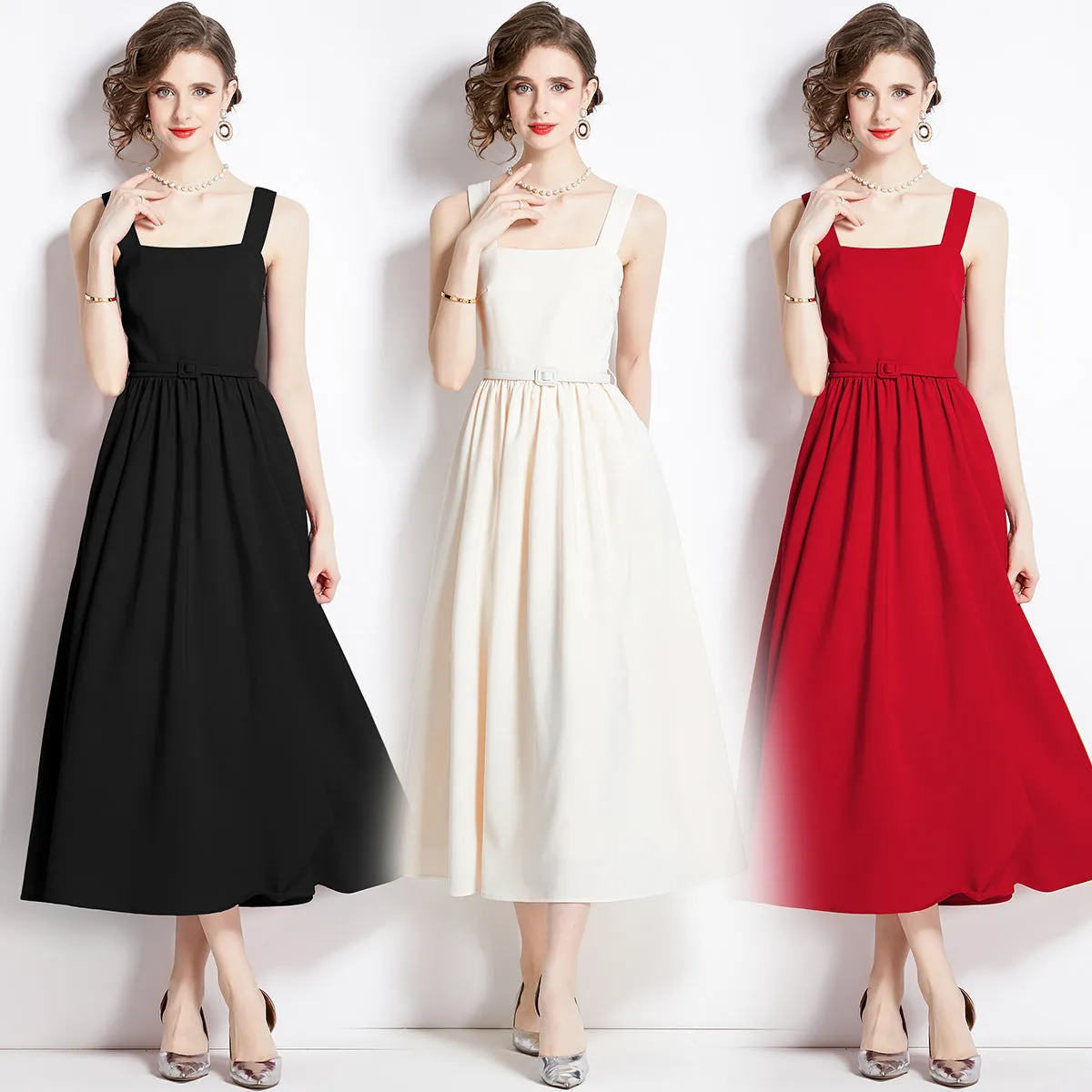 Diynav New French Temperament Square Necker Sling Dress Women's Waist Thin Dress A Word Fluffy Long Dress