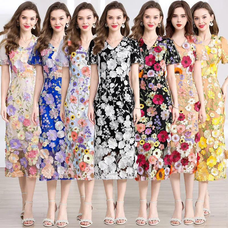 Diynav Banquet Famous Wind V-Neck Bubble Sleeves Body-Brace Hip Three-Dimensional Flower Lace Dress