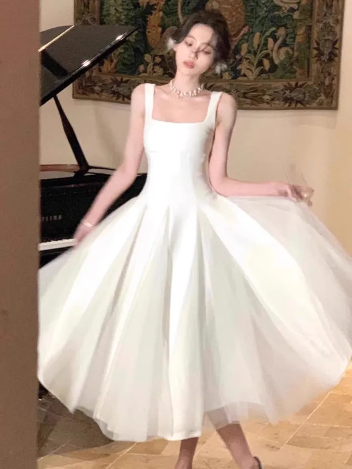 Diynav Dress Summer Spring And Summer New French Style Neckless Sleeve Sling Vest Fairy Net Taupong Dress Party