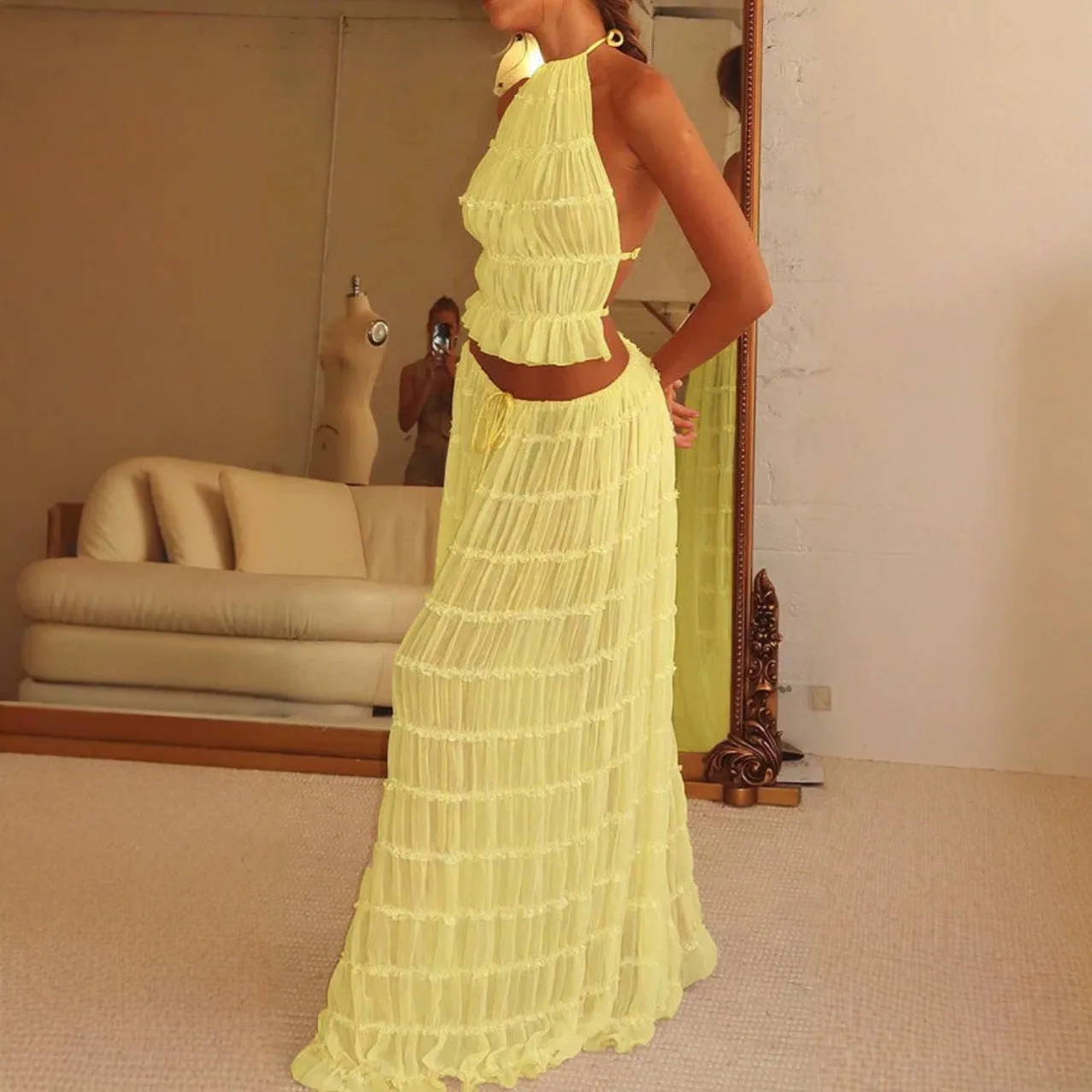 Diynav Spring And Summer New Fashion Sexy Bare Back Hanging Neck With Lace Vest Dress Set