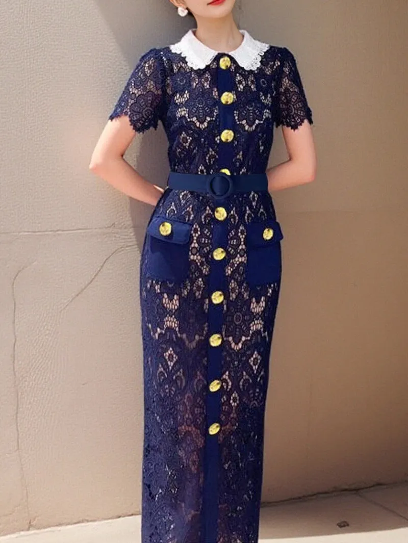 Diynav Spring And Summer Tibetan Cyan Small Fragrant Wind Heavy Lace Hollow Metal Buckle Belt Repair In The Long Dress SP