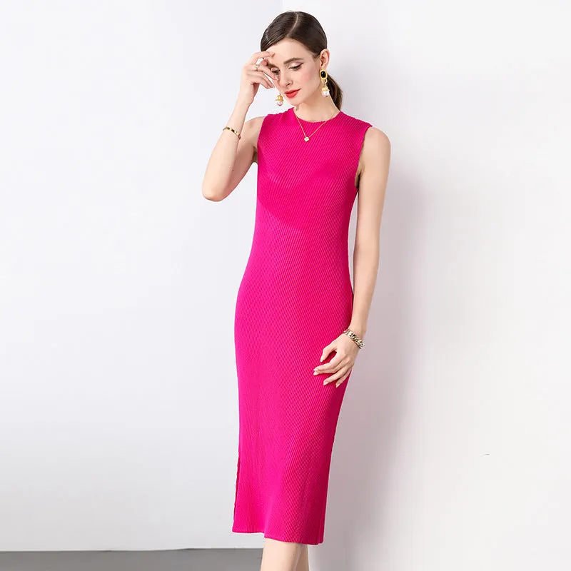 Diynav Fish Squid Folding Vest Dress Women's Summer Temperament Simple Embody Sleeveless Over The Knee Wrinkle Open One-Step Skirt