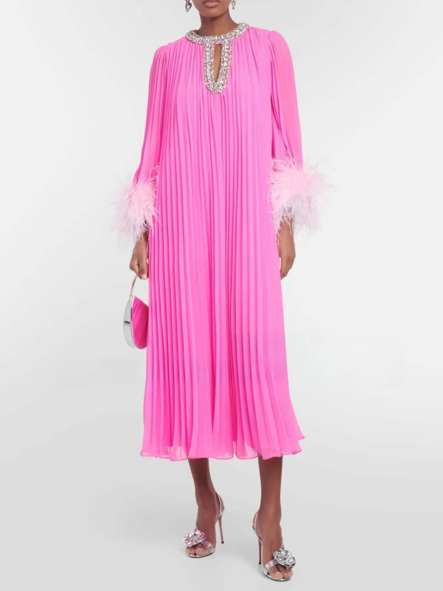 Diynav Group Liu Jialing With The Same Water Drill Ostrich Hair Decoration Long-Sleeved Holiday Chiffon Dress SP