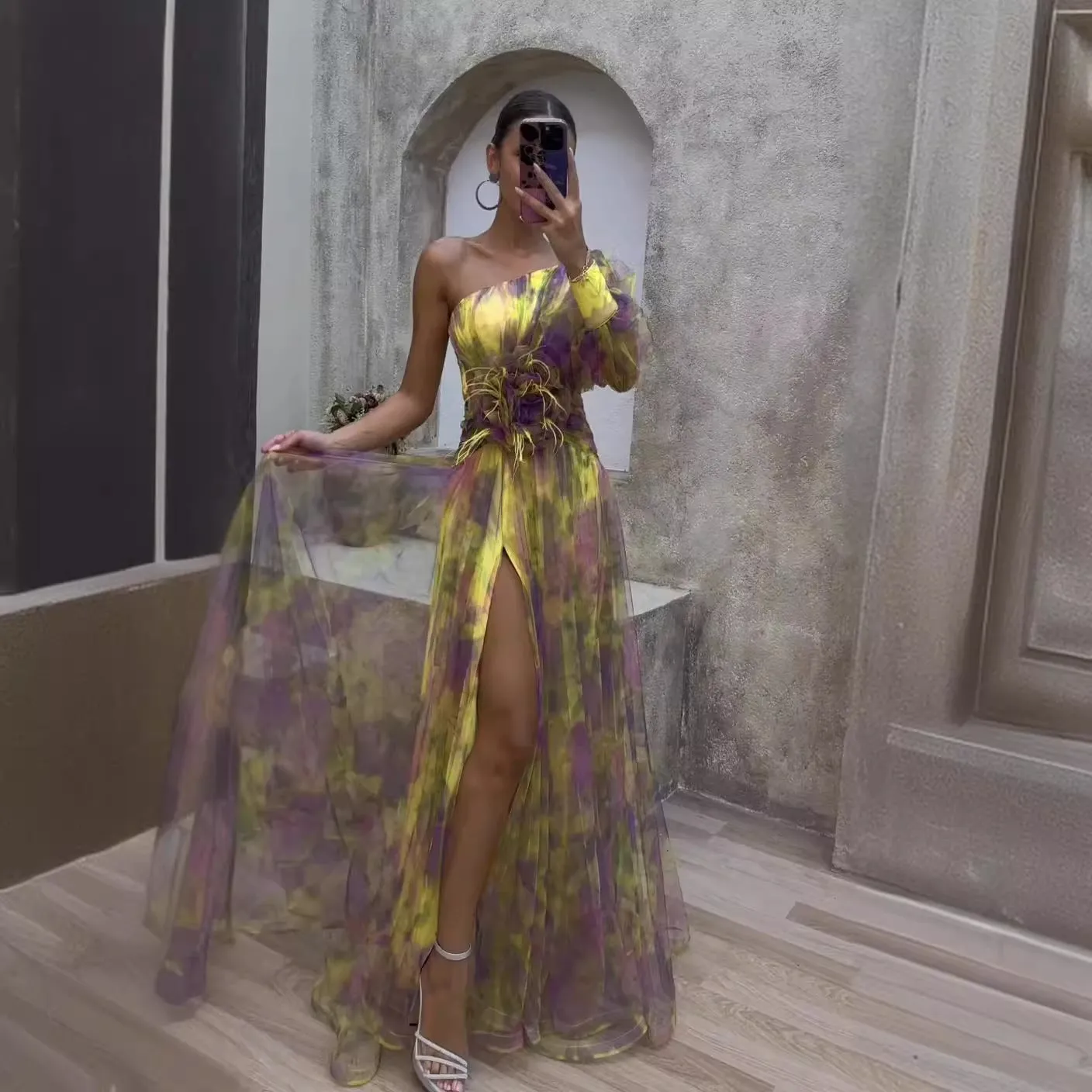 Diynav New Women's Sexy Slant Shoulder Shoulder Long Sleeve Broken Flower Dress Dress High-End Big Swing Flowers