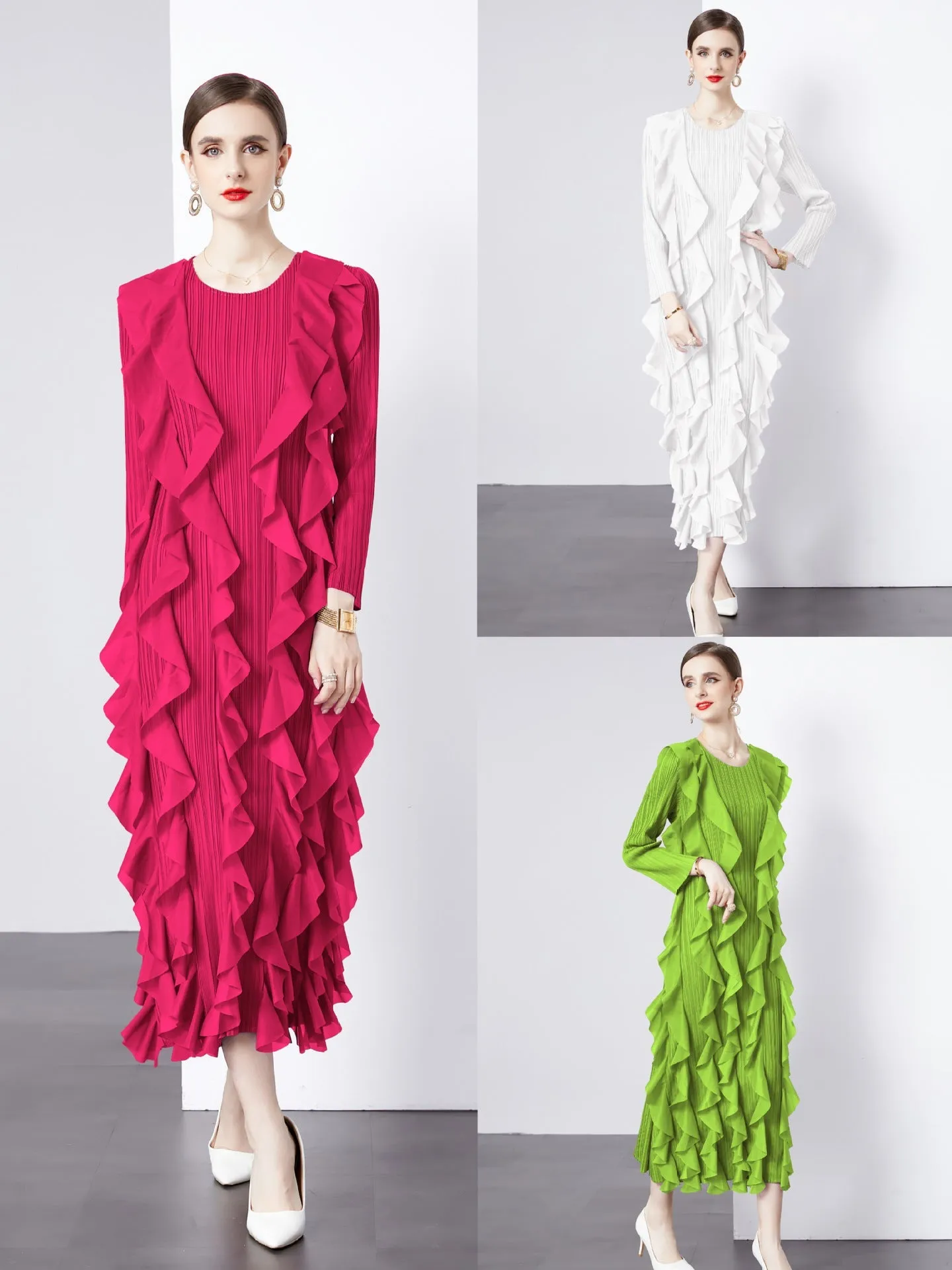 Diynav And Summer 2024 New Dress Press Folding Leaves Side Three-Dimensional Decoration Loose Fashion Elegant Long Dress Commuter Women's Clothing