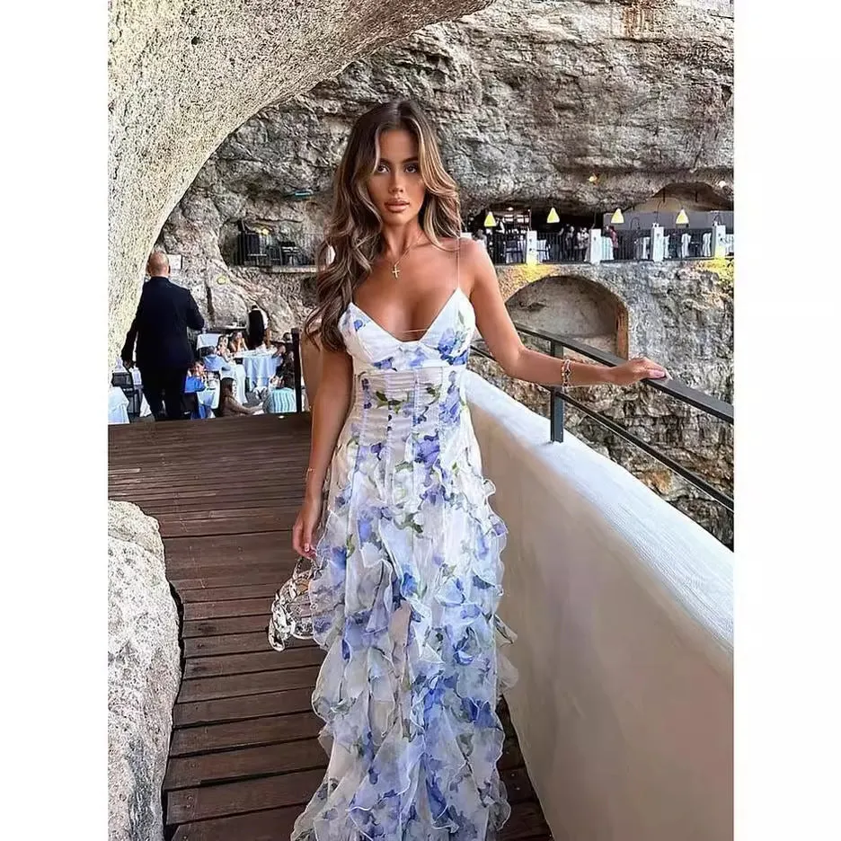 Diynav Summer New Women's Fashion Print Lotus Leaf Dress Women