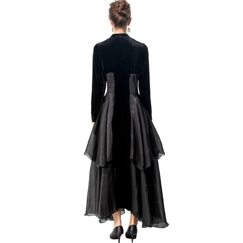 Diynav Stitching Tulle Sexy V Collar Long Sleeve Lotus Side Black Cake Dress Women's Spring 2025