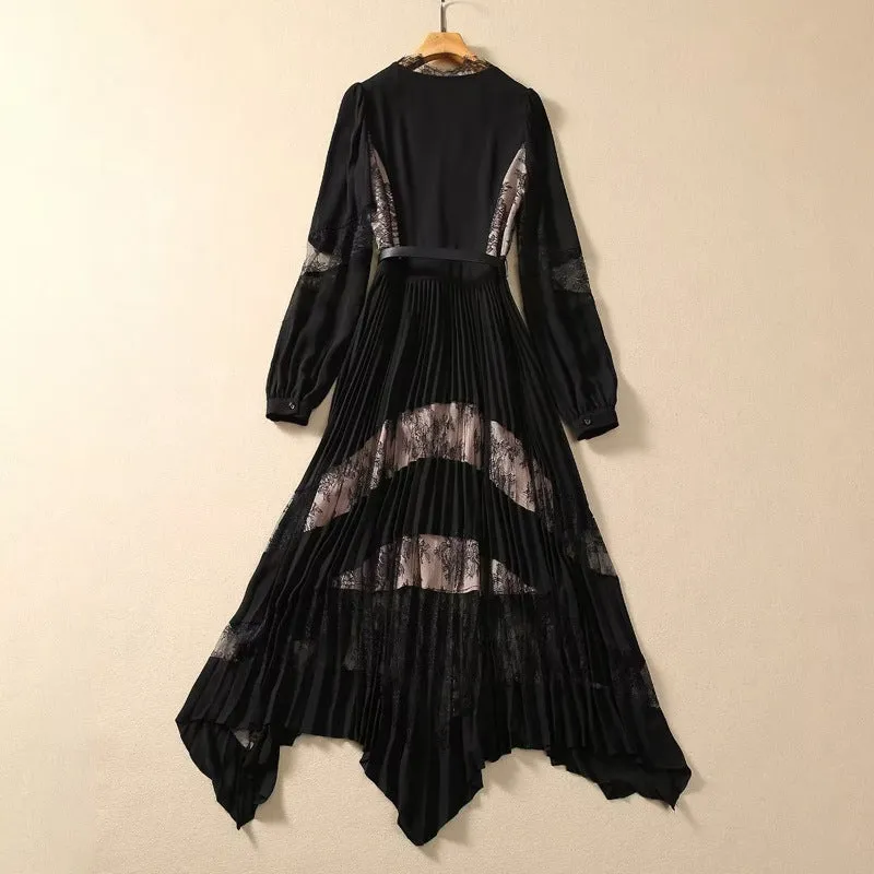 Diynav V-Neck Long-Sleeved Lace Splicing Black Irregular Swing Dress Spring And Summer Women's New 2024