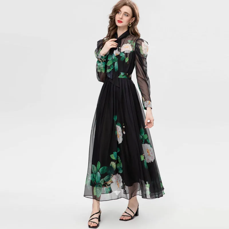 Diynav Scarf Long-Sleeved Green Rose Print Long Dress Spring And Summer Women's New 2024