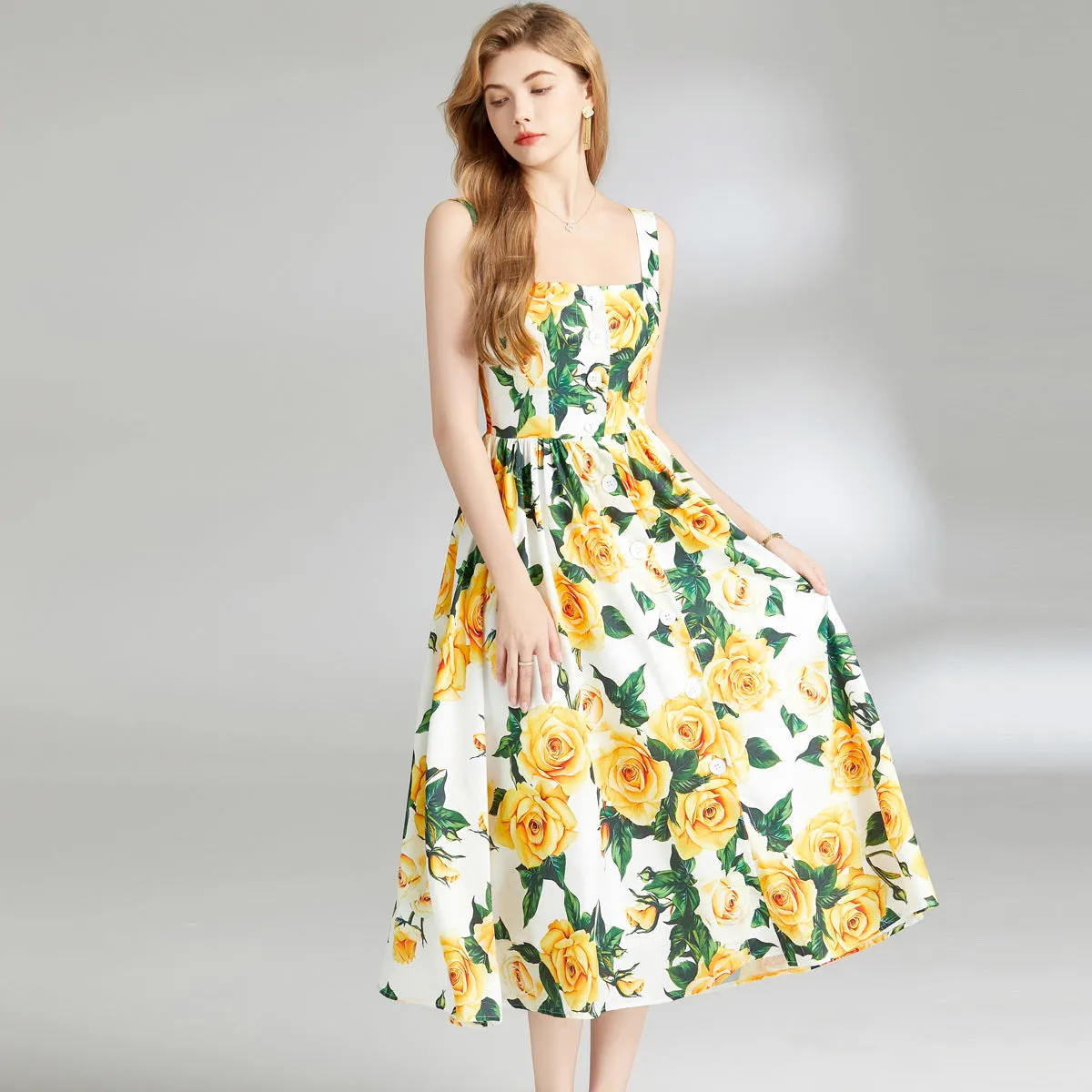 Diynav Dress 2024 Summer Vacation House Cotton Yellow Rose Print Big Swing Princess Fairy Mid-Long Dress