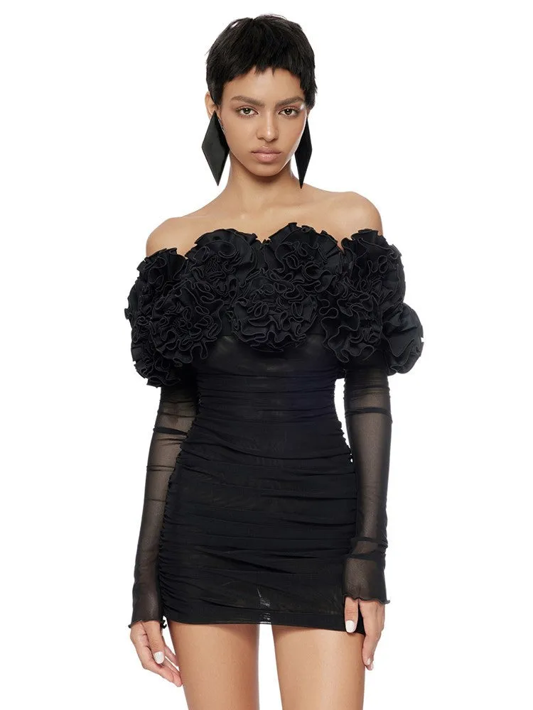 Diynav Women's New Flower Decoration Sexy Corset Dress Perspective Mesh Long-Sleeved Ass Skirt Dress