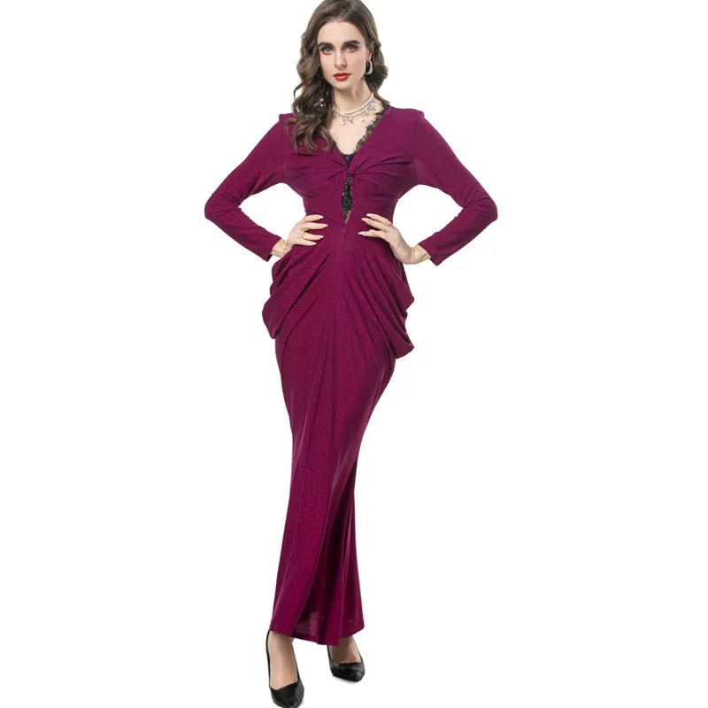 Diynav Deep V-Neck Care Machine Lace Splicing Purple Dress Tight Long Dress Dress Women Autumn New 2025
