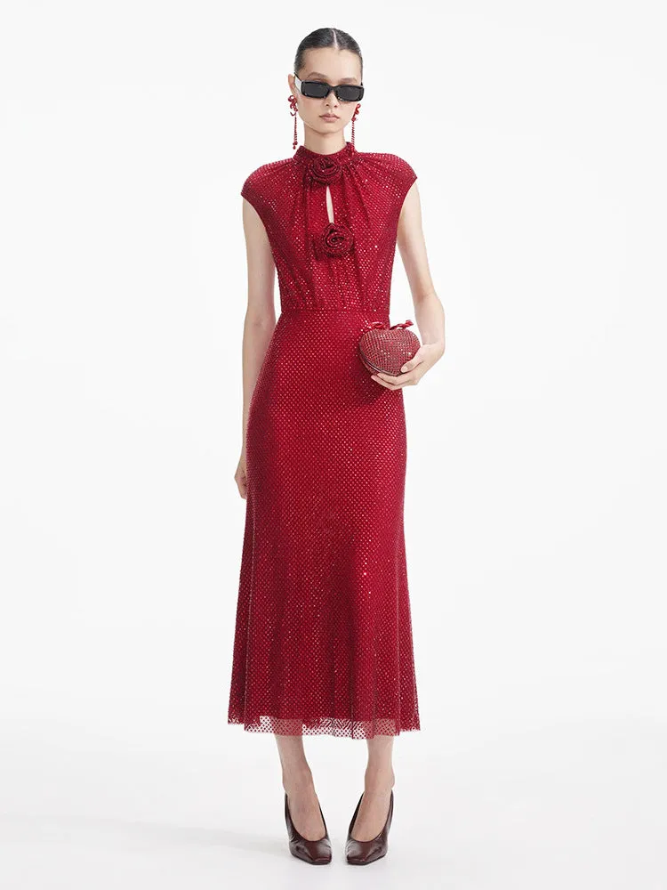 Diynav New Hot Women's Long Hot Diamond Sexy Flower Dress Dinner Dress Temperament Ass