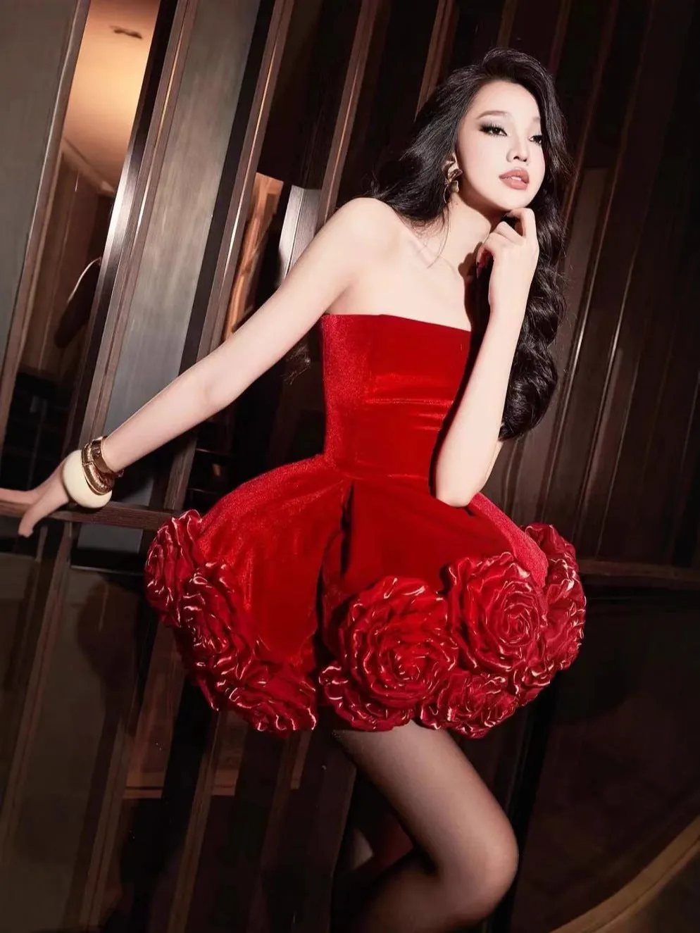 Diynav Sexy Dress 2025 New Velvet Breast Three-Dimensional Red Rose Fluffy Dress Dress