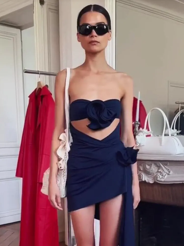 Diynav Women's Sexy Hollow Bra Dress Temperament Flower Decoration Irregular Dress Dress Dress Dress Dress Dress Dress