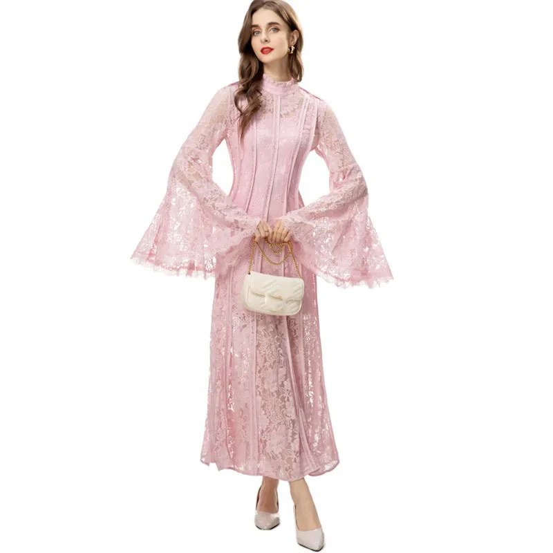 Diynav Style Collar Lace Splicing Horn Long Sleeve Long Dress Dress Spring And Summer New Women's Dress 2024