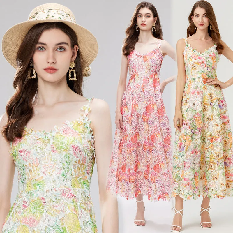 Diynav Court Wind Shattered Flowers Hanging Dress Women's Summer Net Yarn Hollow Waist Design Chic Dress