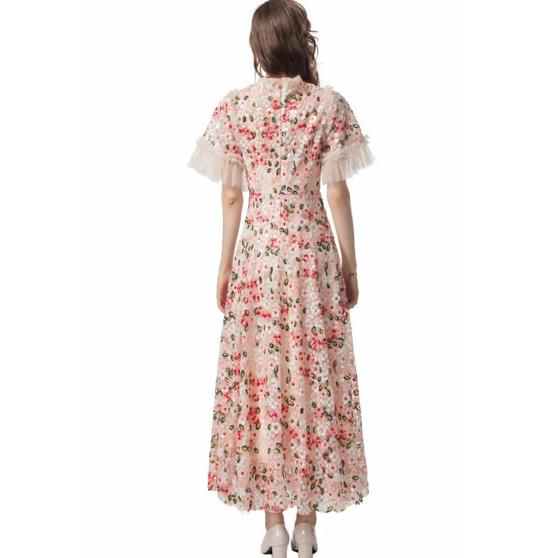 Diynav Industry Color Liede Embroidery Round-Neck Princess Style Long-Sleeve Dresses Summer New 2024