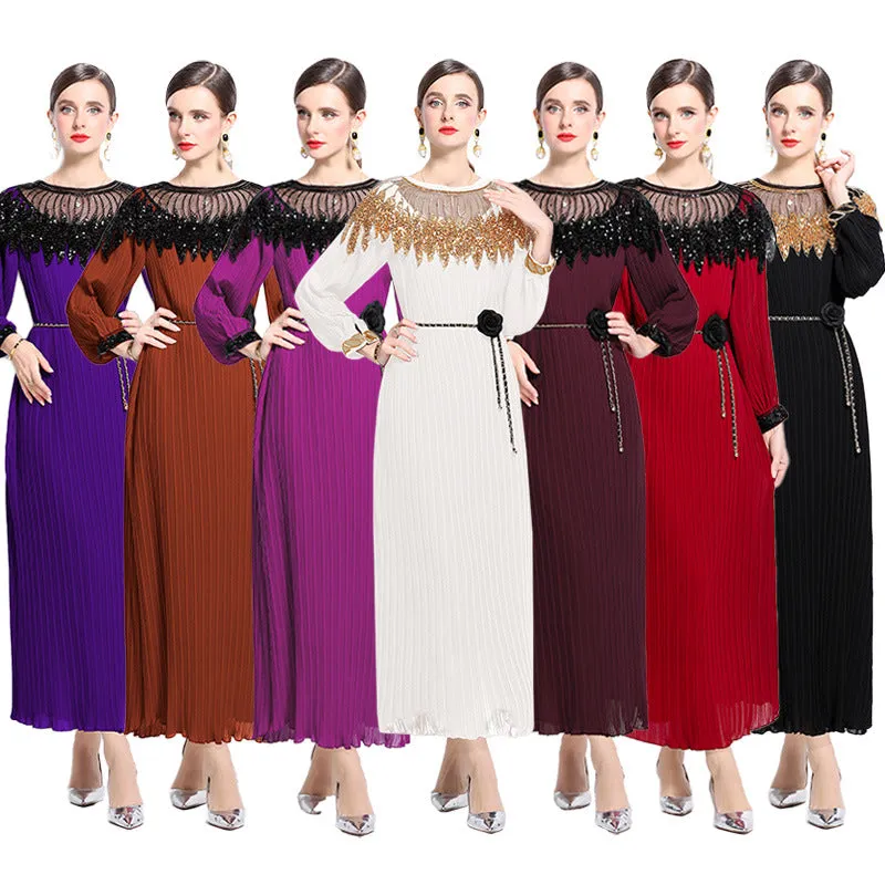 Diynav Senior Sense Of The Famous Fan Heavy Industry Nail Bead Dress Temperament Sister Fan Lantern Sleeves Loose Skirt