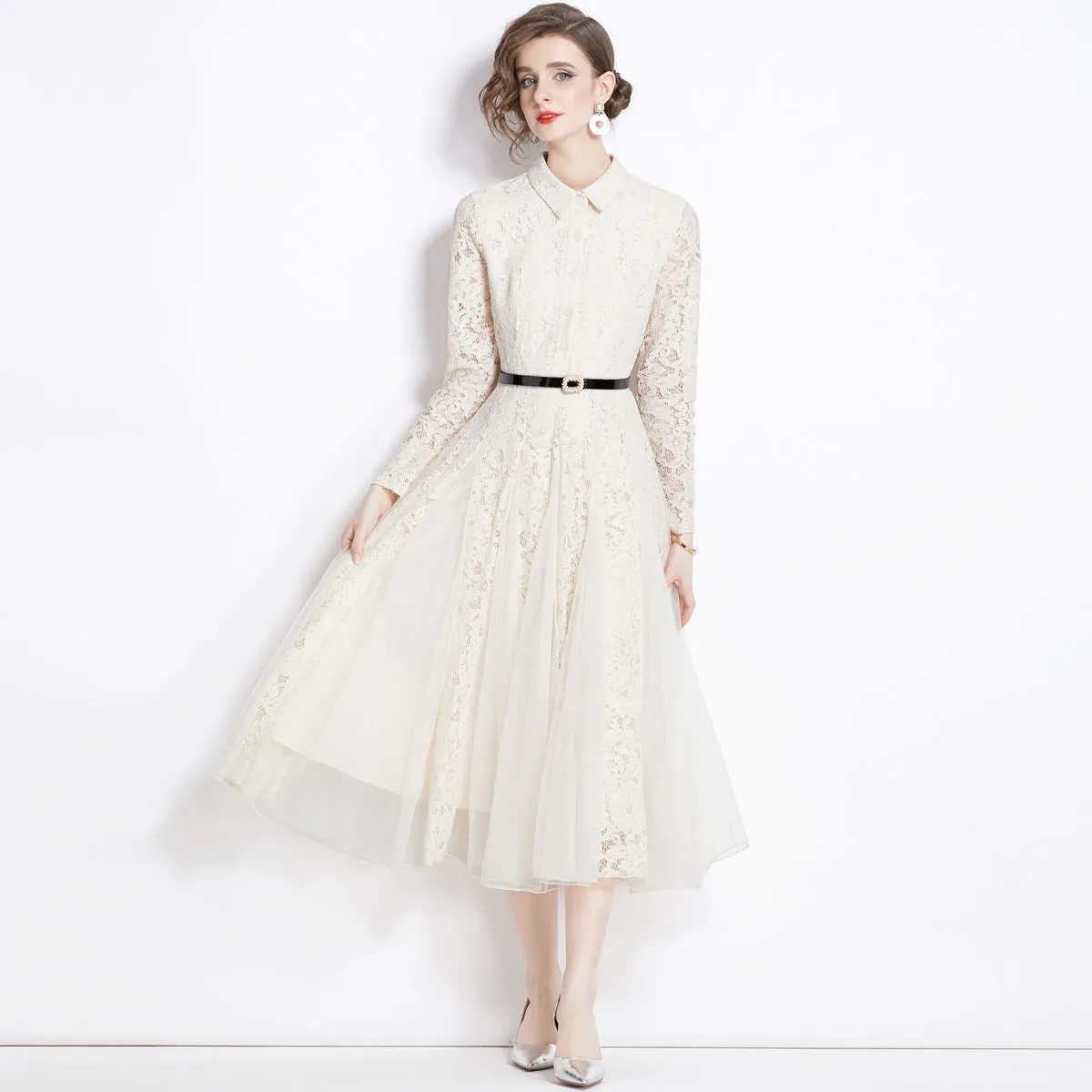 Diynav And Summer New Lapl Collar Heavy Industry Hooks Hollow French Lace Dress Women Feel Large Knee Long Skirt