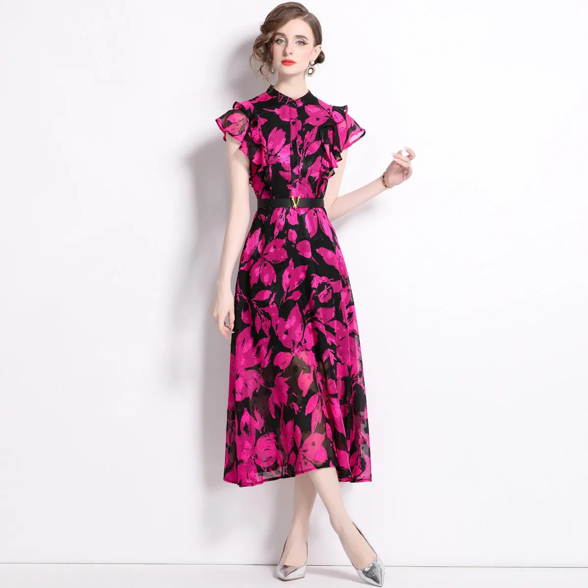 Diynav Knee Dress Women's Summer 2024 Temperament Lotus Leaf Sleeve Fashion Waist Thin Print V-Neck Dress