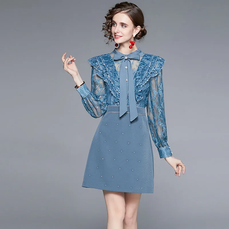 Diynav Temperament Feel Hot Diamond Bow Bow Long Sleeve Spliced High-Waist Heavy Industry Dress Women Spring And Autumn New