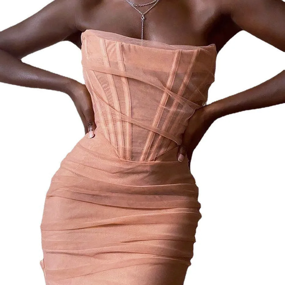 Diynav Summer Women's New Night Club Side By Shoulder-Collar Net Yarn In The Chest Dress Dress Summer