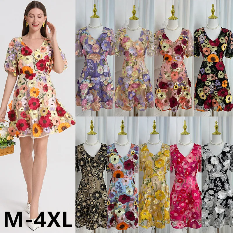 Diynav Summer New French Design Heavy Industry Three-Dimensional Flowers Slimming Thin And Hip Delicate Dress Women's Clothing