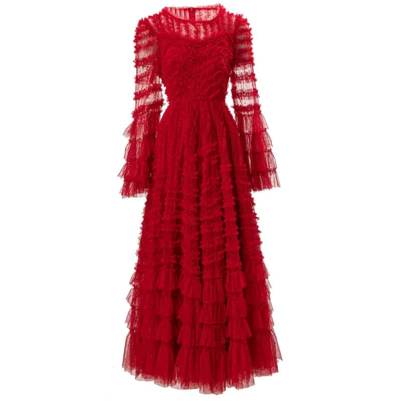 Diynav Lotus Leaf Side Round Horn Long Sleeve Apricot Dress Long Dress Autumn And Winter Women's Dress New 2025