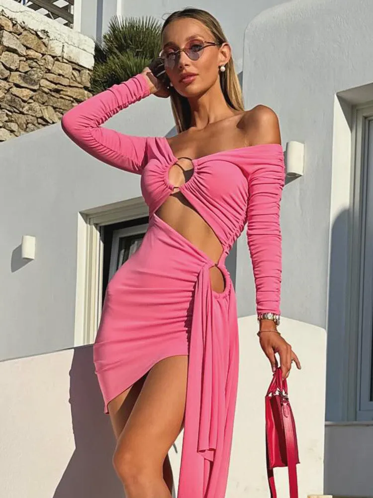 Diynav Women's Sexy Hollow Word Collar Shoulder Long Sleeve Dress Irregular Ribbon Dress Dress Skirt