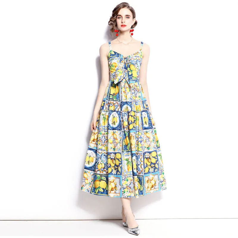 Diynav Show Lemon Blue And White Porcelain Print Bows To Collect Waist Thin Holiday Style Long Hanging Dress