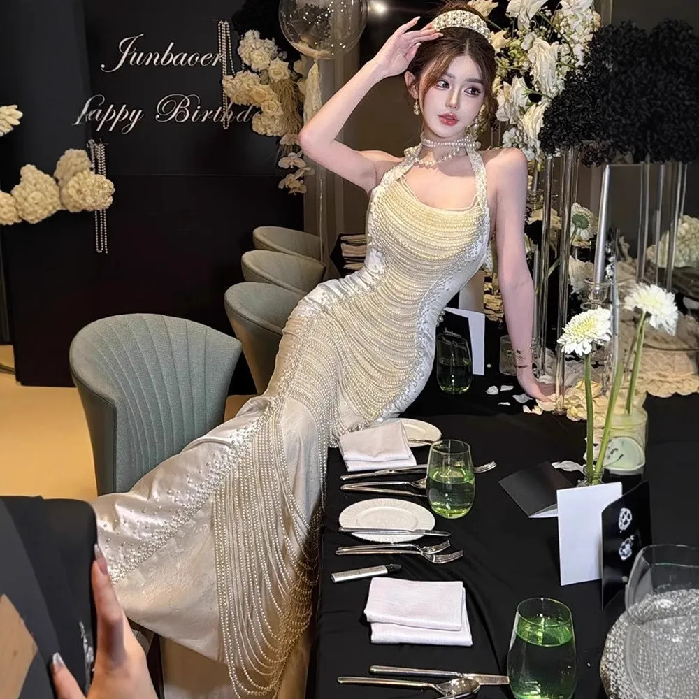 Diynav Dress Hanging Neck Dress 2024 Spring And Autumn New High-End Famous Birthday Banquet Heavy Industry Fish Tail Dress