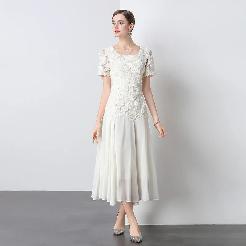 Diynav Goods Heavy Industry Lace Three-Dimensional Square Dress Dress Women 2025 Summer New Gas Shade Meat Mesh Yarn Long Dress