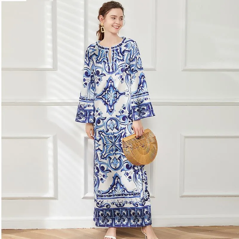 Diynav Blue And White Porcelain Printed Dress Women Summer Seaside Beach Dress Loose Meat Cover Sunscreen Open Fork Dress