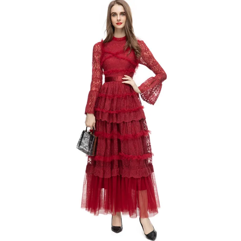 Diynav Elegant Embroidered Lace Collar Long-Sleeved Dress Red Long Dress Spring And Summer Women's Dress 2025
