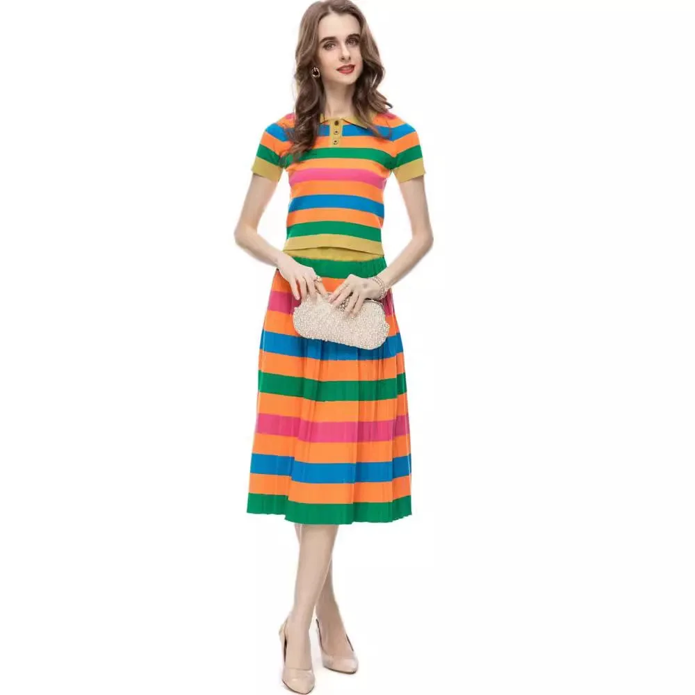 Diynav Striped Print Short-Sleeved Top + Hip Half-Skirt Casual Set Women's New Summer 2024