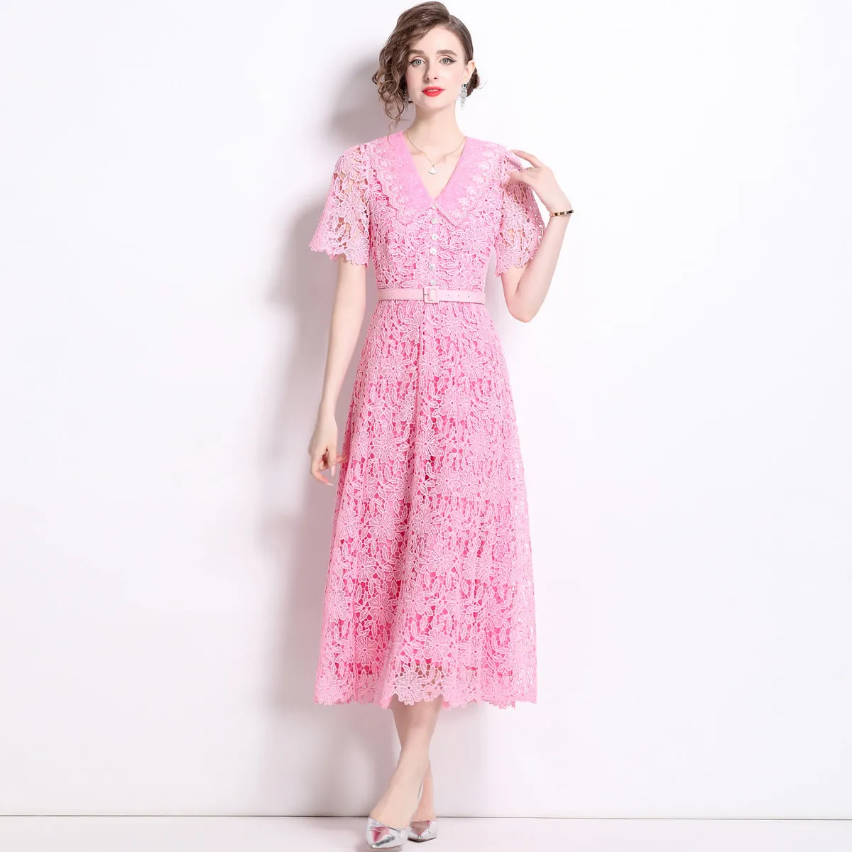 Diynav Wears Pink Collar Sweet Lace Dress With High-Grade Tea-Smelled Style Long Dress