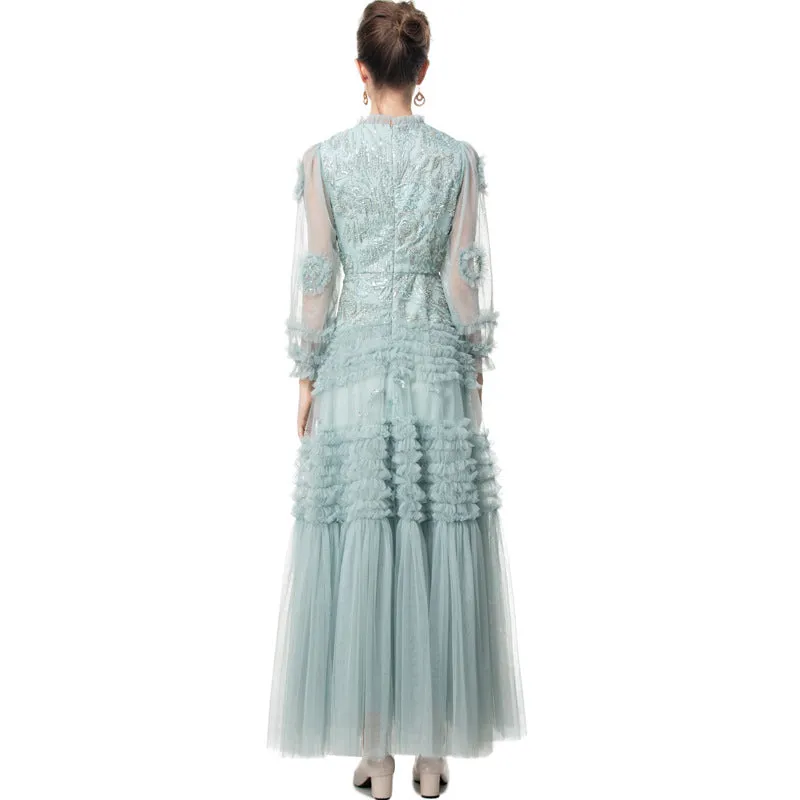 Diynav Industry Nail Beads Lint Splicing Long-Sleeved Temperament Fluffy Dress Dress Long Dress Station Women Spring And Autumn 2025