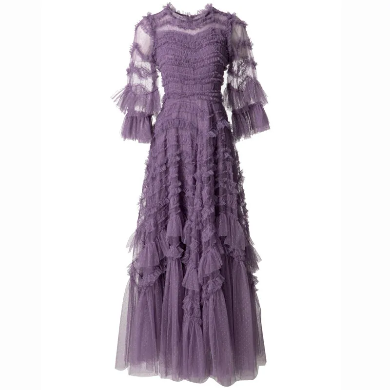 Diynav Point Lotle Side Trumpet Horn Sleeve Princess Wind Dark Purple Long Dress Dress Dress Stand Spring And Summer Women New 2025