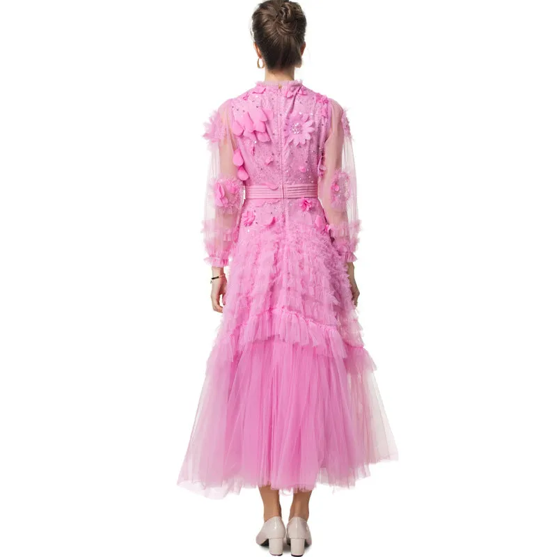 Diynav Industry Lien Clams Nail Pearl Three-Dimensional Flower Pink Round-Necked Princess Dress Dress Dress Famous Spring And Summer Woman 2025