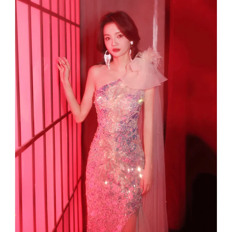 Diynav Dress Dress Women's Shoulder Squins High-End Light Luxury Niche Host Banquet Temperament Party Flash Summer