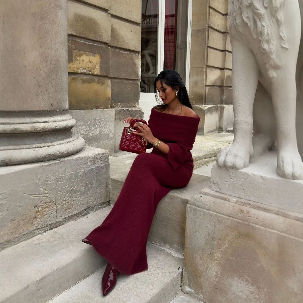 Diynav Out-Shouldered Knitted Long Dress Stylish Sexy Body-Sucking Knitted Long Dress Dress