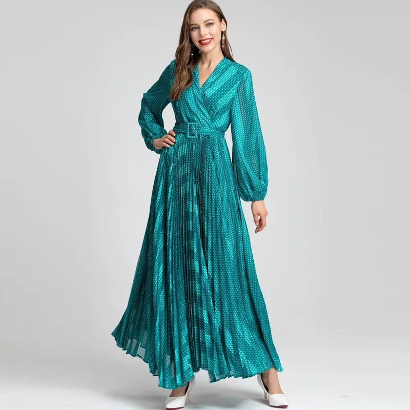 Diynav Style V-Neck Lantern Long-Sleeved With Blue Folded Dress Dress Dress Women's New Autumn/Winter 2024